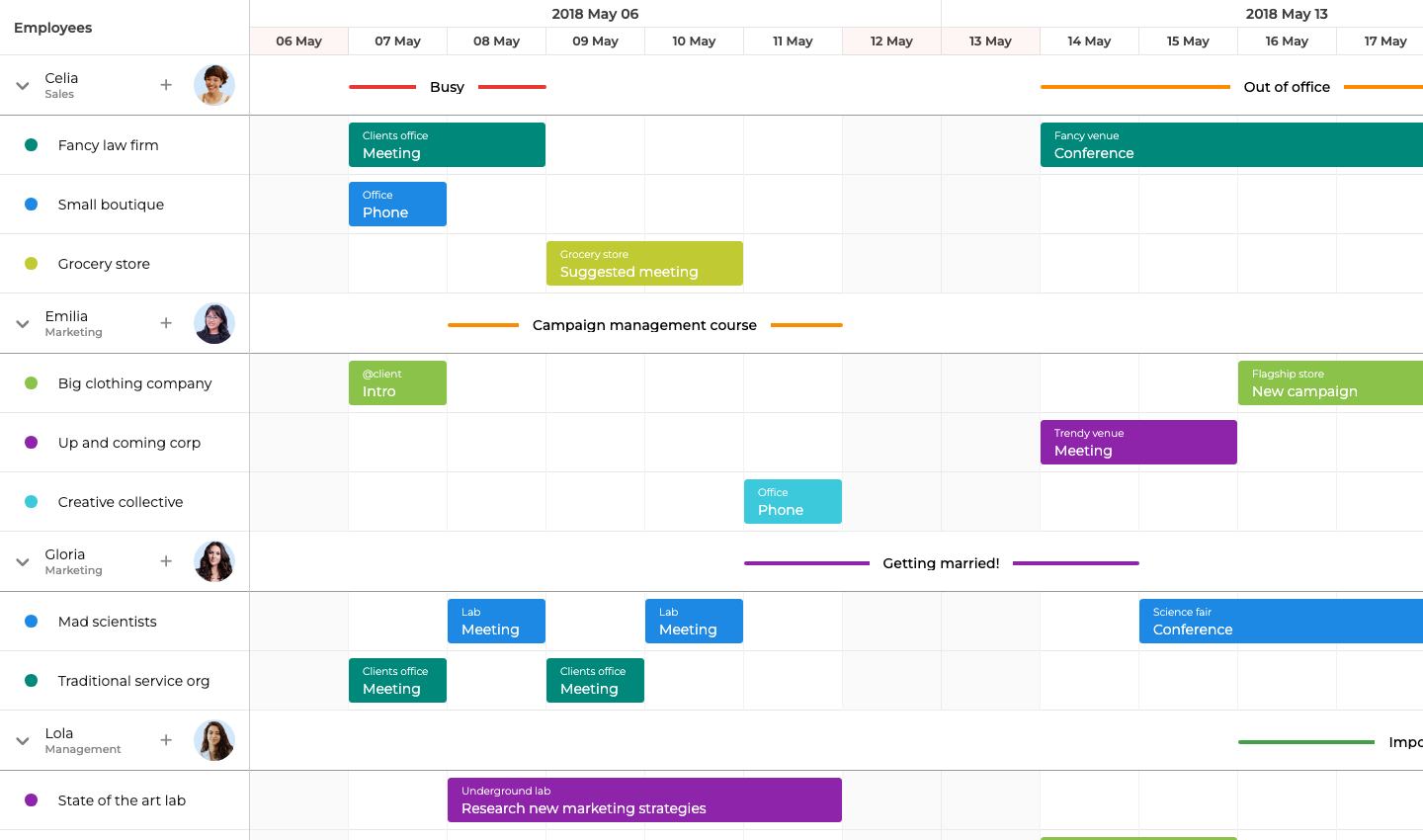 Bryntum Scheduler showing four team members across a two-week resource timeline with color-coded task bars