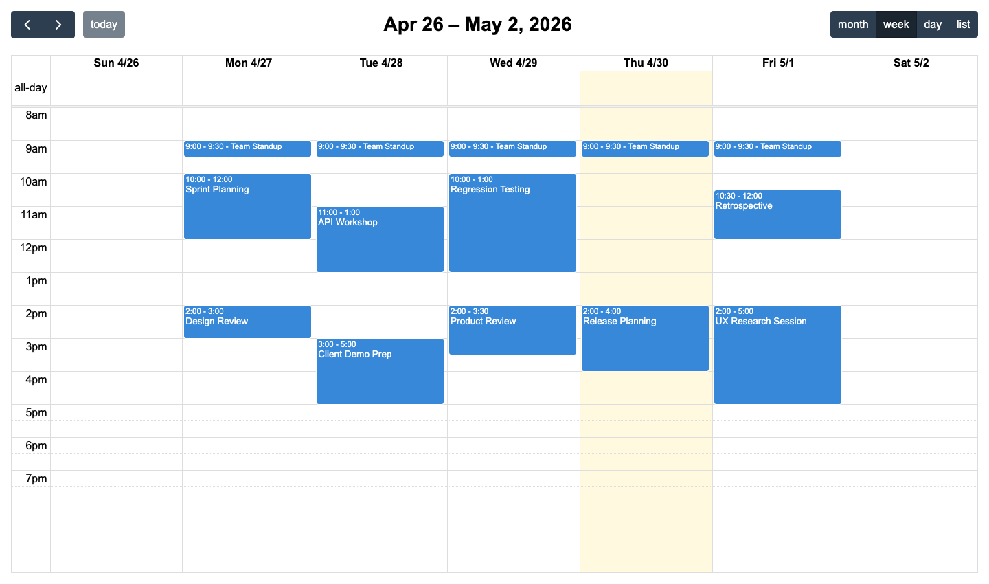 FullCalendar rendering a team week view with color-coded events across April 26 to May 2, 2026